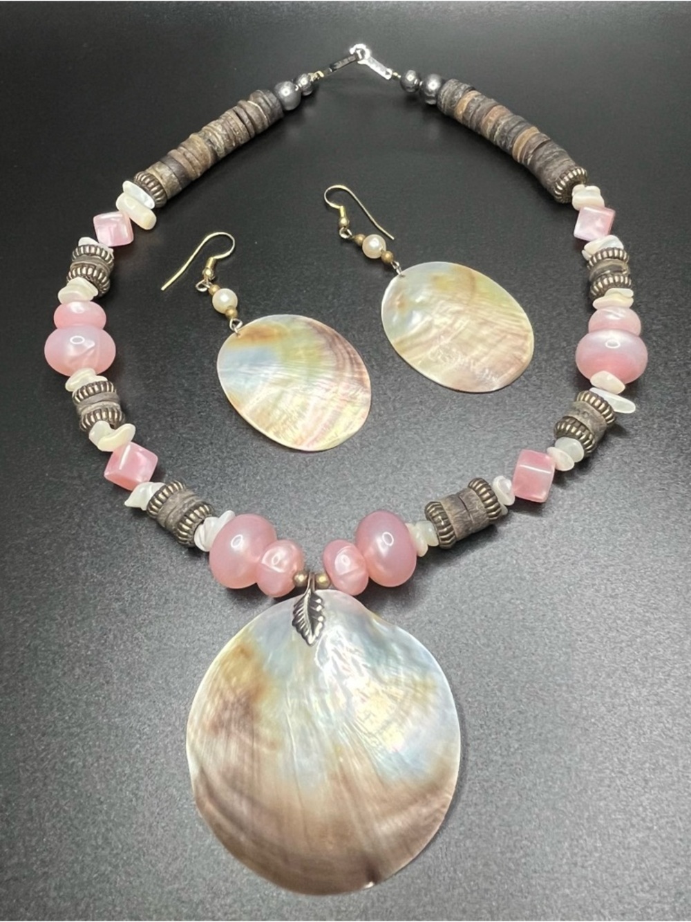 Shell pendant necklace set pink bead chunky statement beachy boho